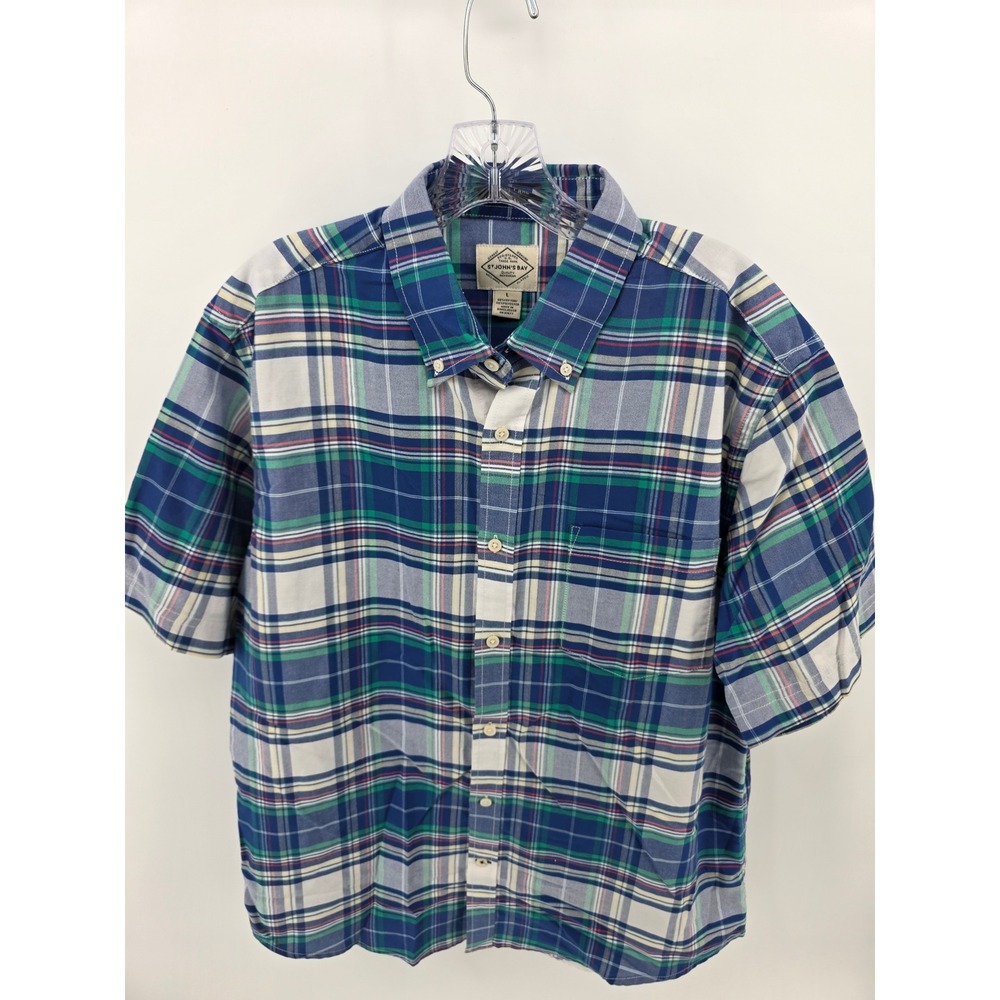 St Johns Bay Mens Large Blue Green Plaid Short Sleeve Button Down Shirt